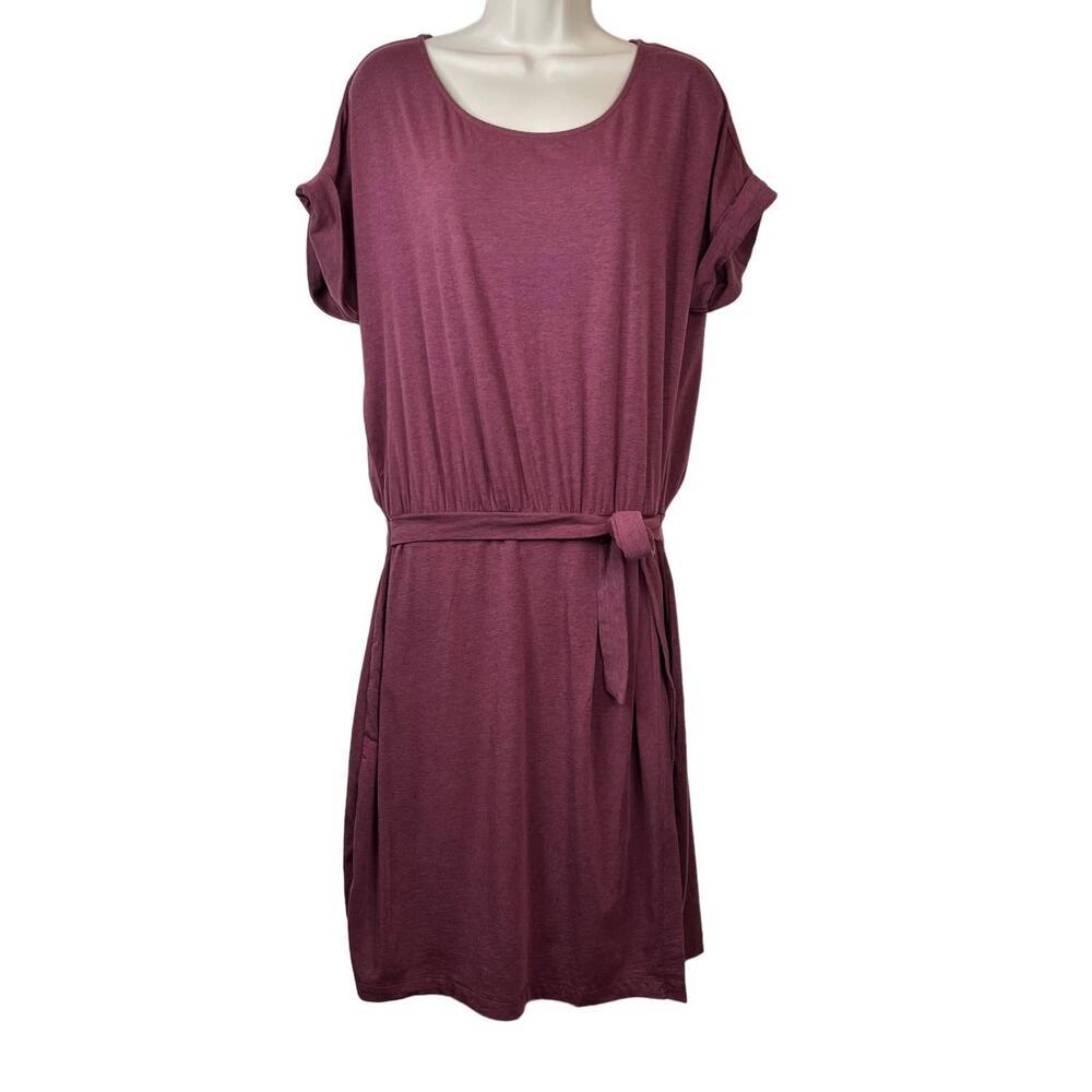 GARNET HILL Organic Cotton Short-Sleeve Tie-Waist Dress in Burgundy Womens Large - Picture 2 of 9